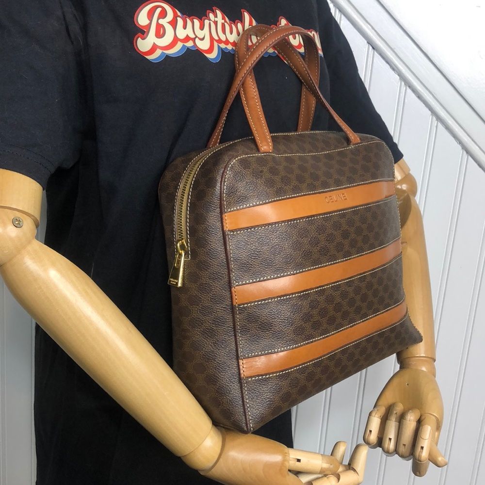 CELINE Macadam Blason Triumph Dark Brown Hand Bag Leather Stripes Authentic - Picture 4 of 17